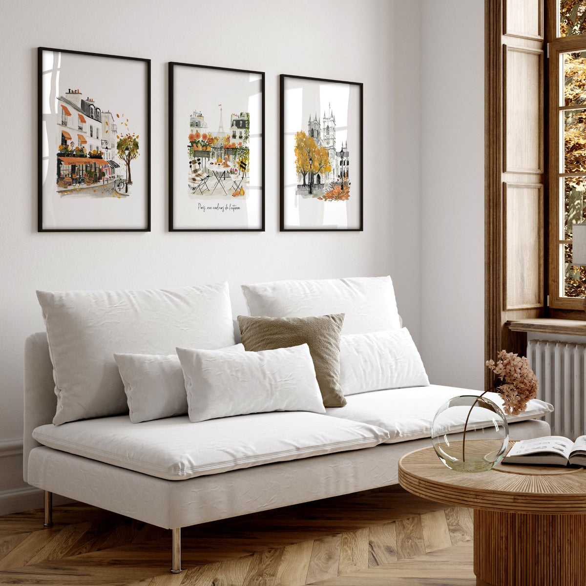 Large Artwork for Living Room Autumn Paris Watercolour | "Paris, aux couleurs de l'automne" displayed on a wall in a styled room — view 6