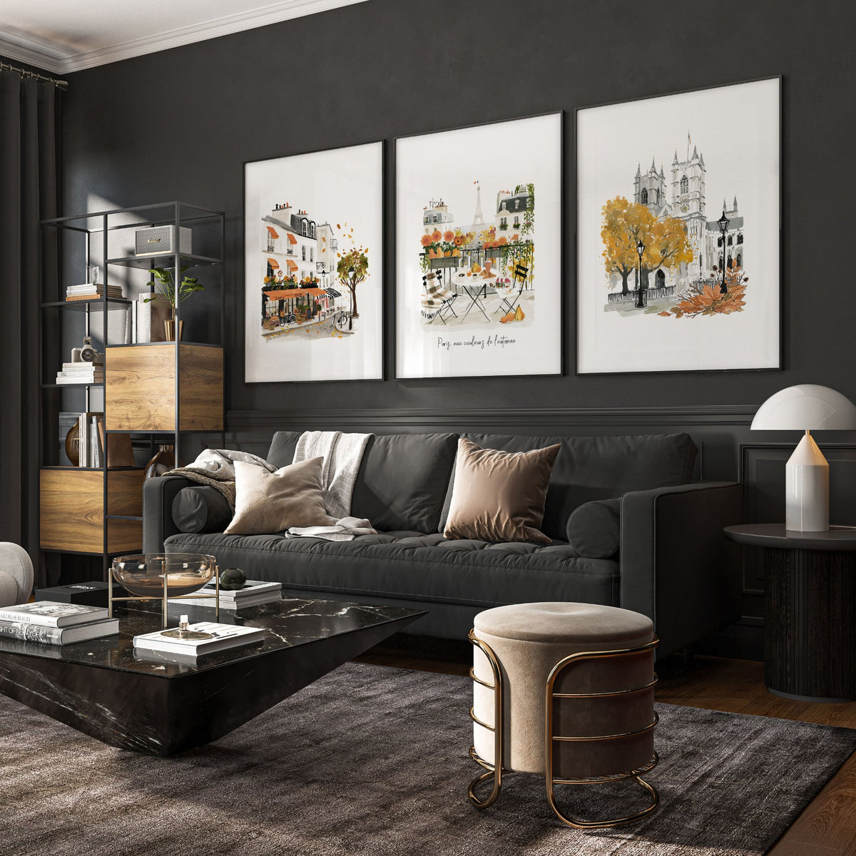 Large Artwork for Living Room Autumn Paris Watercolour | "Paris, aux couleurs de l'automne" displayed on a wall in a styled room — view 7