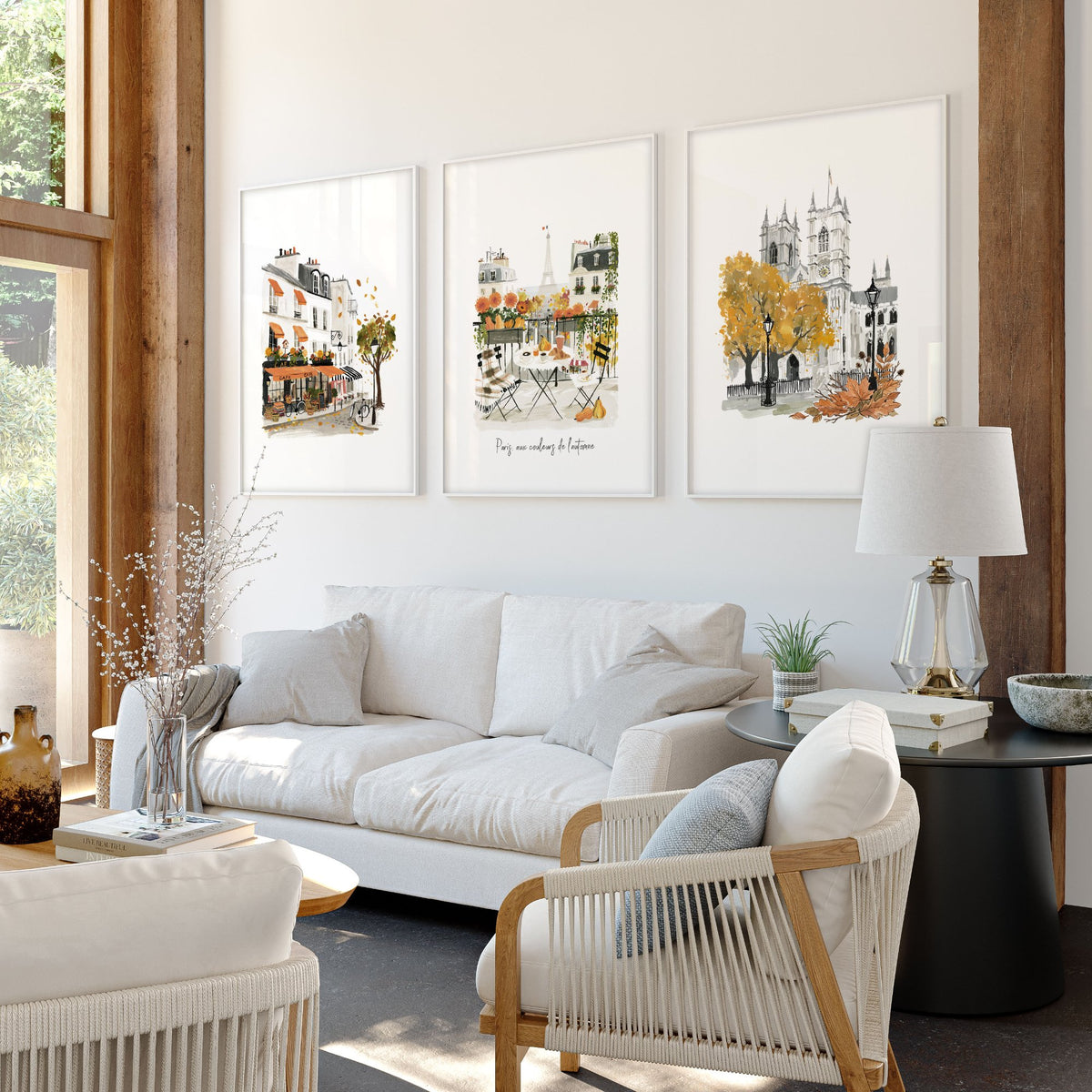 Large Artwork for Living Room Autumn Paris Watercolour | "Paris, aux couleurs de l'automne" displayed on a wall in a styled room — view 8