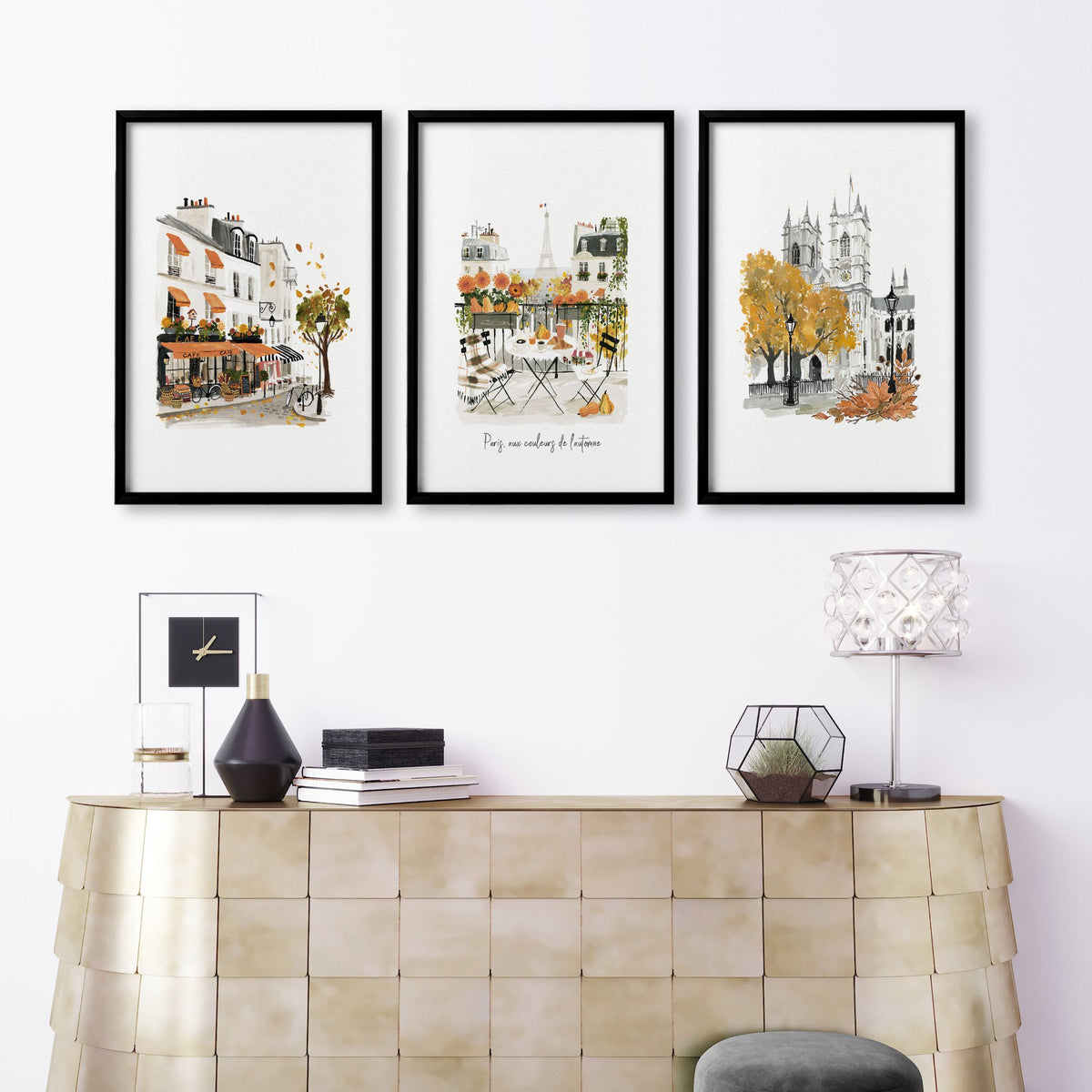 Large Artwork for Living Room Autumn Paris Watercolour | "Paris, aux couleurs de l'automne" displayed on a wall in a styled room — view 9