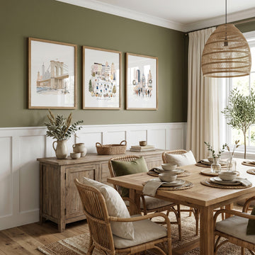 Large Dining Room Wall Art "Winter in New York" Beige Pastel NYC Travel wall art displayed on a wall in a styled room — view 2