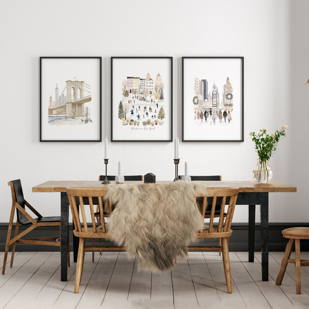 Large Dining Room Wall Art "Winter in New York" Beige Pastel NYC Travel wall art displayed on a wall in a styled room — view 6