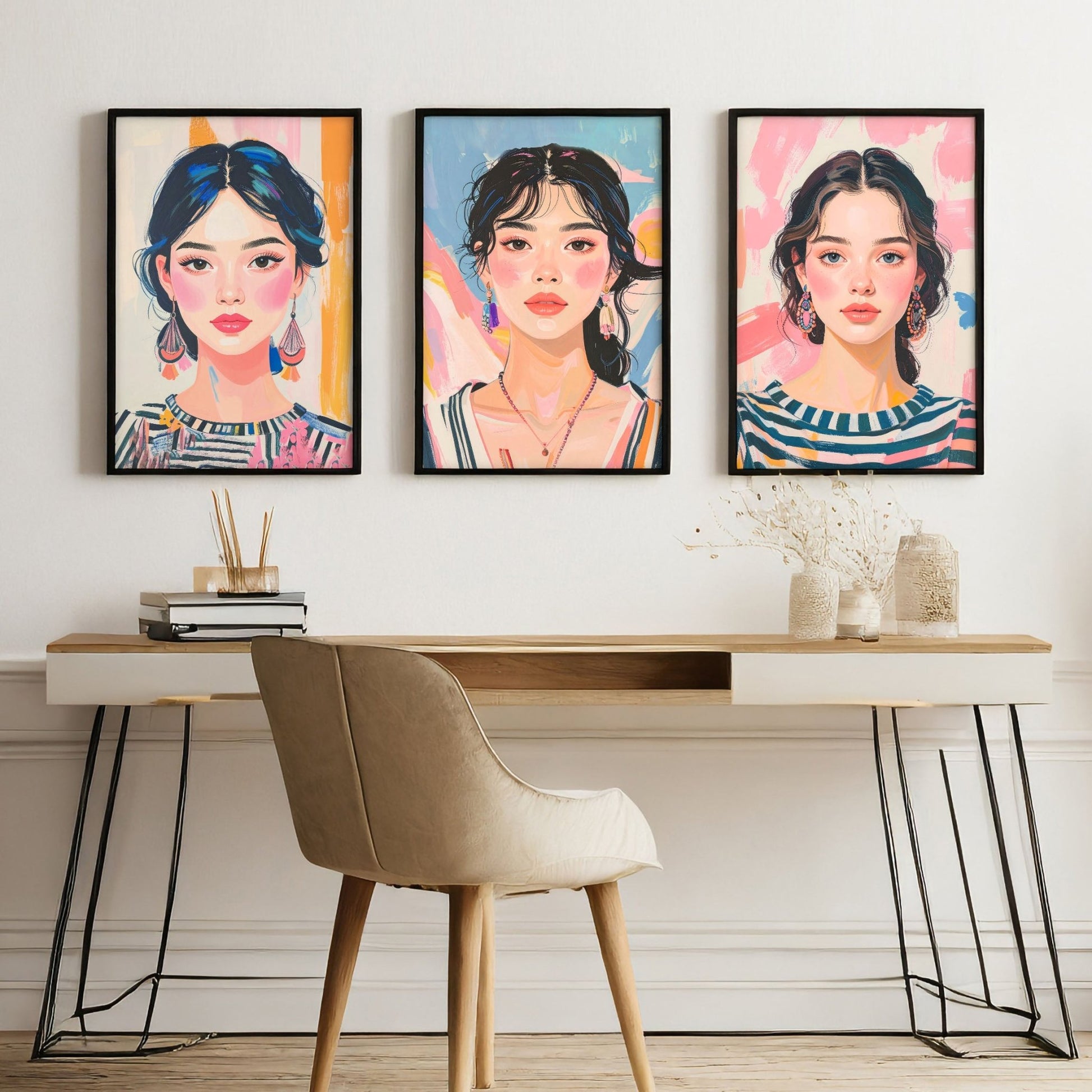 Large Framed Pictures | Set of 3 Boho Women Wall art Prints