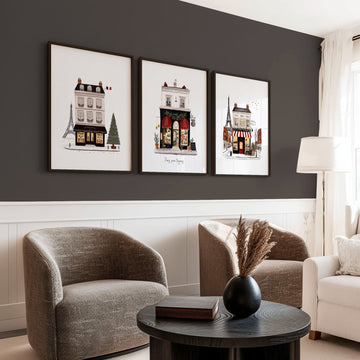 Large Framed Wall Pictures for Living Room Paris Boutique Street Scenes "Paris, pour toujours" displayed on a wall in a styled room — view 2
