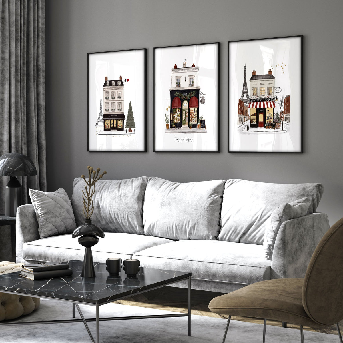Large Framed Wall Pictures for Living Room Paris Boutique Street Scenes "Paris, pour toujours" displayed on a wall in a styled room — view 4