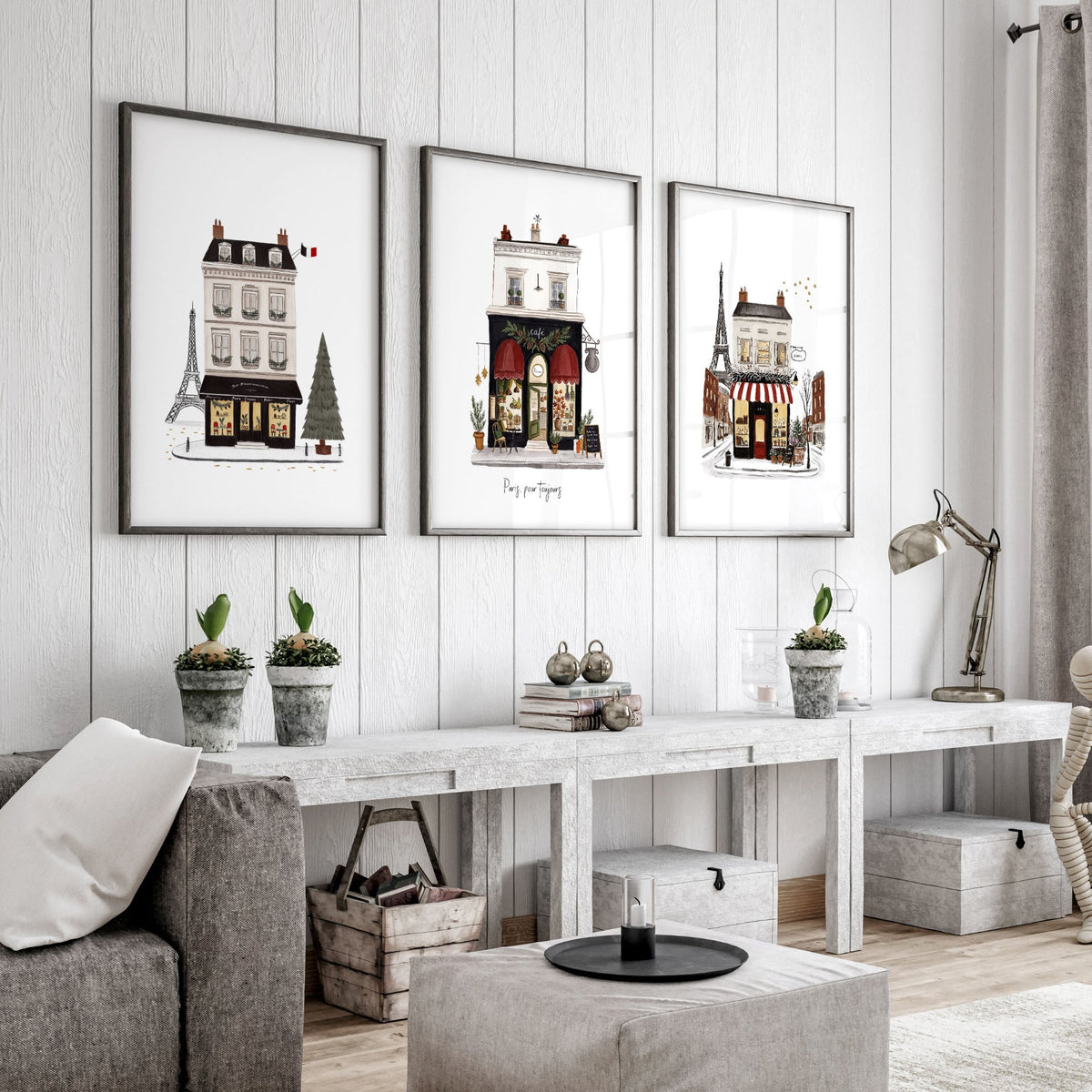 Large Framed Wall Pictures for Living Room Paris Boutique Street Scenes "Paris, pour toujours" displayed on a wall in a styled room — view 5
