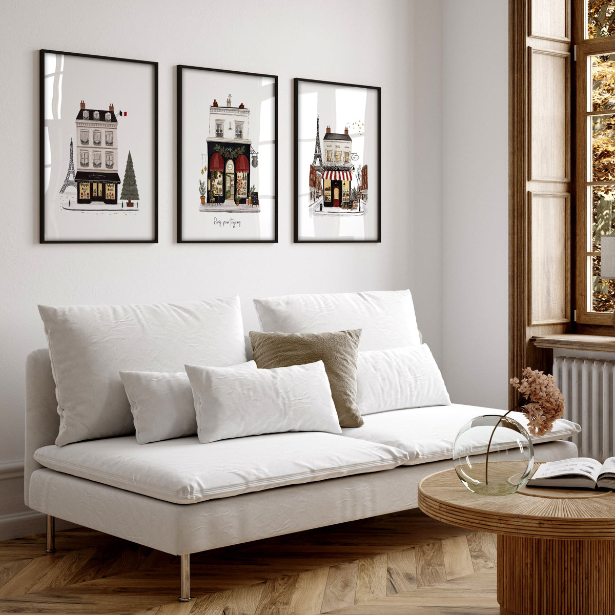Large Framed Wall Pictures for Living Room Paris Boutique Street Scenes "Paris, pour toujours" displayed on a wall in a styled room — view 6