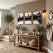 Large Japanese Wall Art Misty Ink Landscape with Bonsai & Bridge displayed on a wall in a styled room — view 3