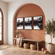 Large Japanese Wall Art Misty Ink Landscape with Bonsai & Bridge displayed on a wall in a styled room — view 4