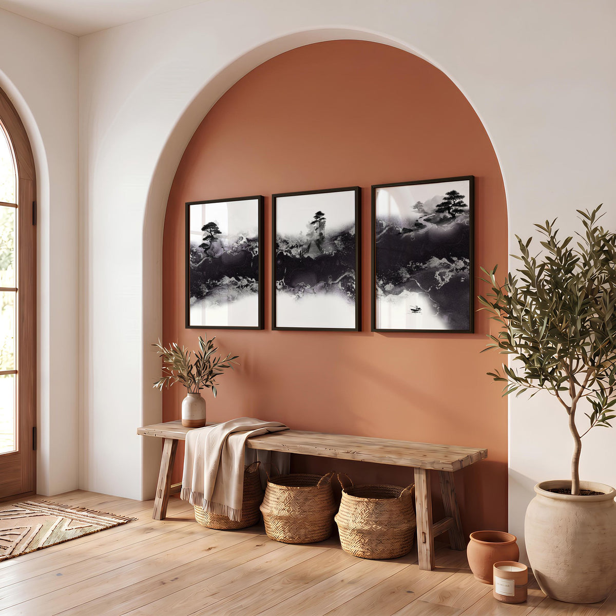 Large Japanese Wall Art Misty Ink Landscape with Bonsai & Bridge displayed on a wall in a styled room — view 4