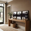 Large Japanese Wall Art Misty Ink Landscape with Bonsai & Bridge displayed on a wall in a styled room — view 5