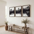 Large Japanese Wall Art Misty Ink Landscape with Bonsai & Bridge displayed on a wall in a styled room — view 6