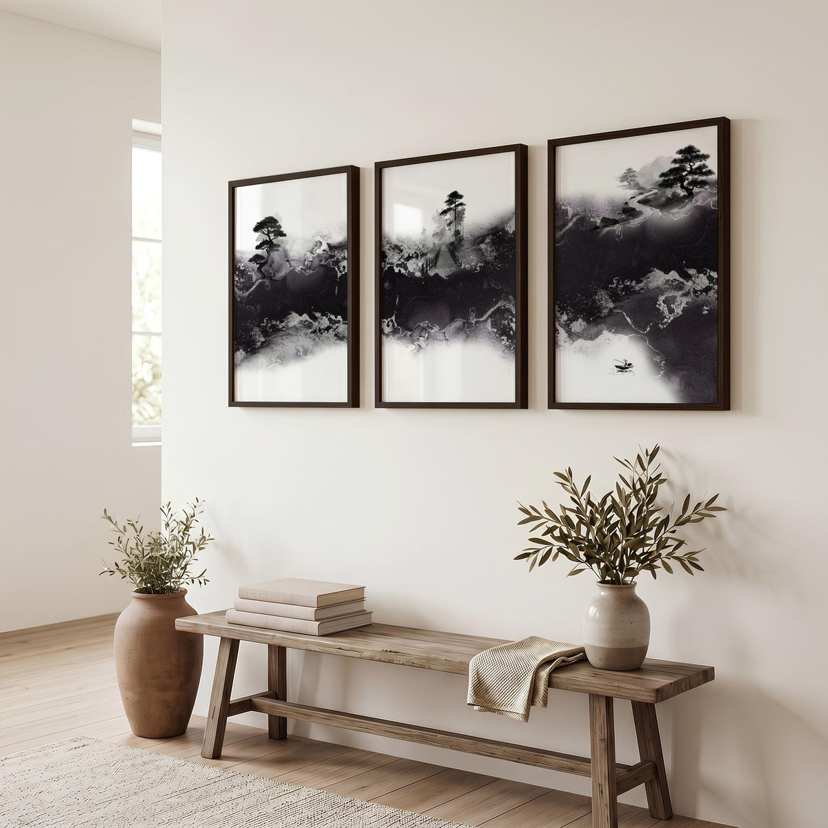 Large Japanese Wall Art Misty Ink Landscape with Bonsai & Bridge displayed on a wall in a styled room — view 6