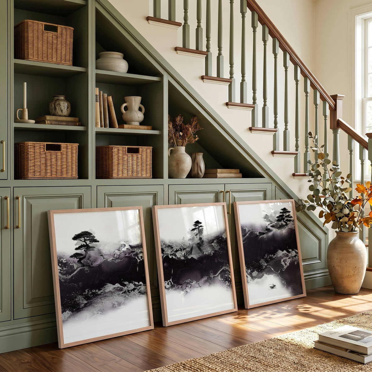 Large Japanese Wall Art Misty Ink Landscape with Bonsai & Bridge displayed on a wall in a styled room — view 7