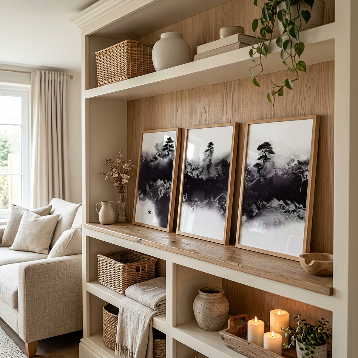 Large Japanese Wall Art Misty Ink Landscape with Bonsai & Bridge displayed on a wall in a styled room — view 8