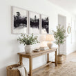 Large Japanese Wall Art Misty Ink Landscape with Bonsai & Bridge displayed on a wall in a styled room — view 9