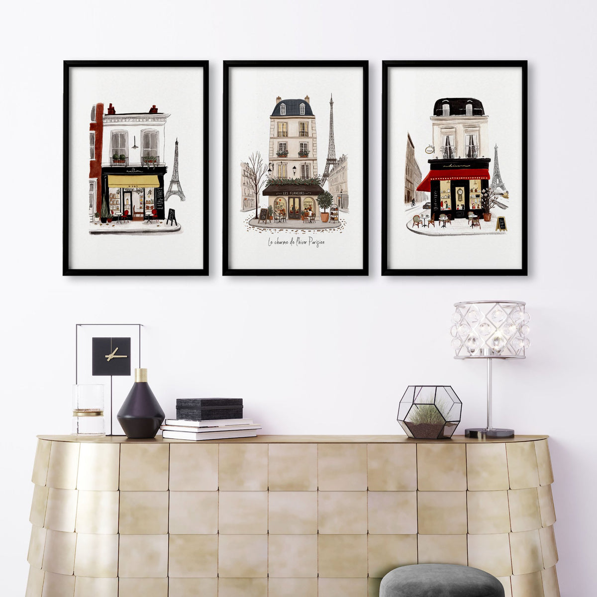 Large Living Room Wall Art Paris Street Café Scenes in Beige, Black & Bordeaux | "Le charme de l'hiver Parisien" displayed on a wall in a styled room