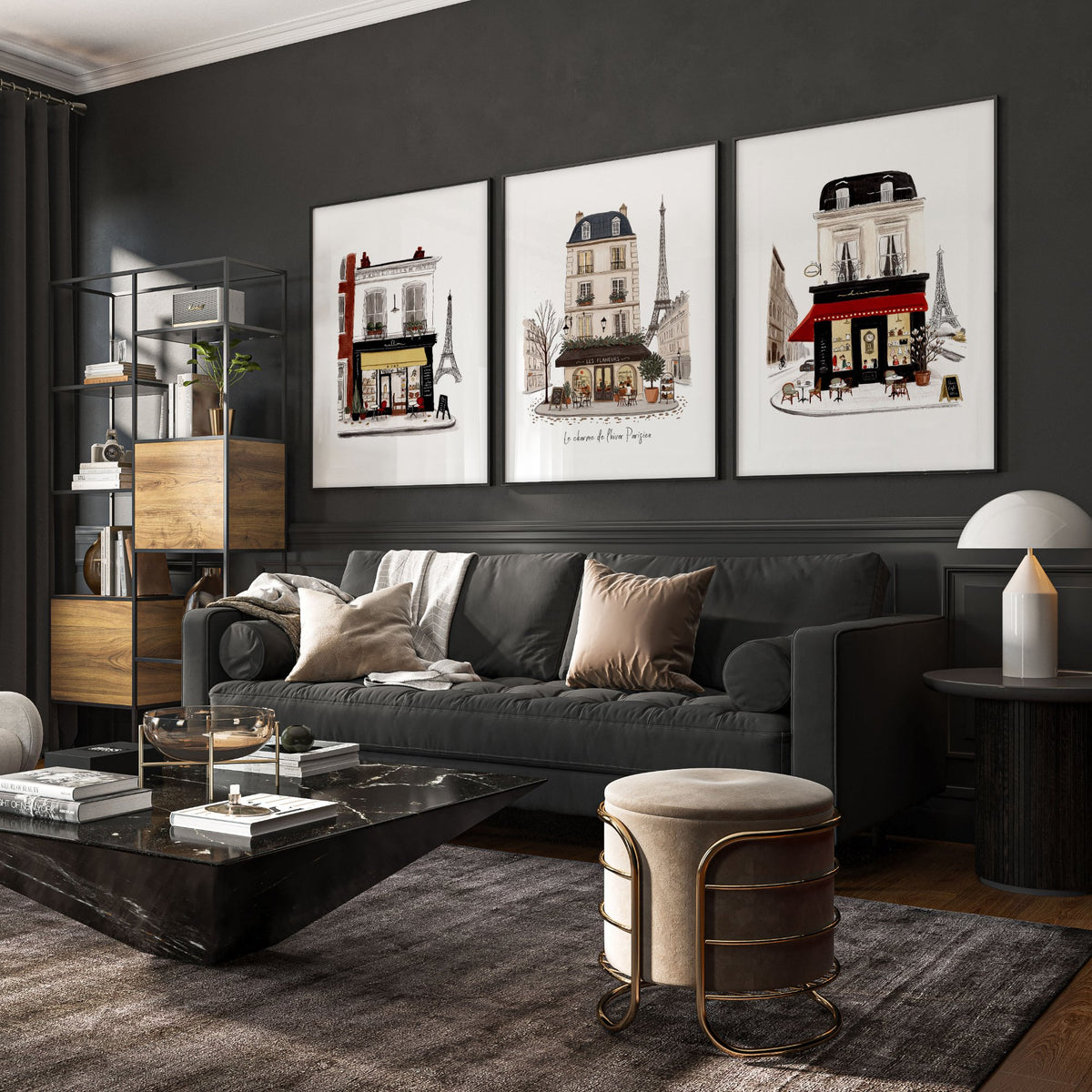 Large Living Room Wall Art Paris Street Café Scenes in Beige, Black & Bordeaux | "Le charme de l'hiver Parisien" displayed on a wall in a styled room — view 10