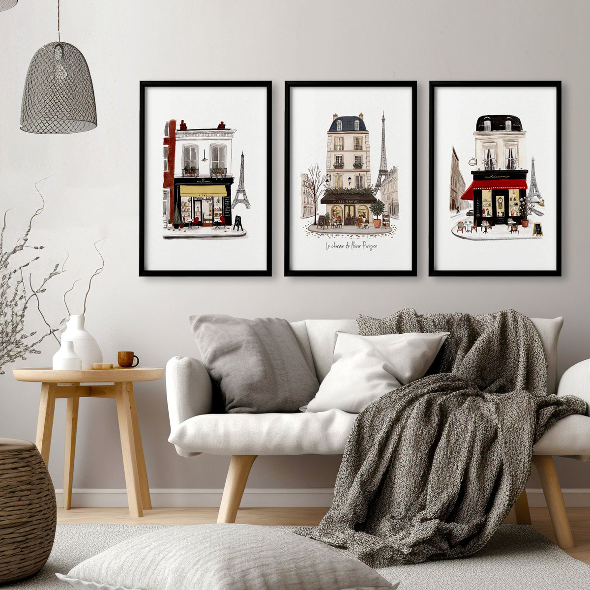 Large Living Room Wall Art Paris Street Café Scenes in Beige, Black & Bordeaux | "Le charme de l'hiver Parisien" displayed on a wall in a styled room — view 3