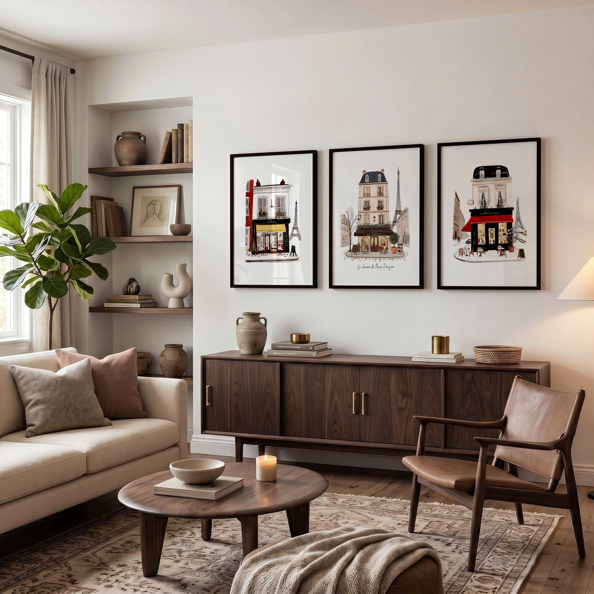 Large Living Room Wall Art Paris Street Café Scenes in Beige, Black & Bordeaux | "Le charme de l'hiver Parisien" displayed on a wall in a styled room — view 6