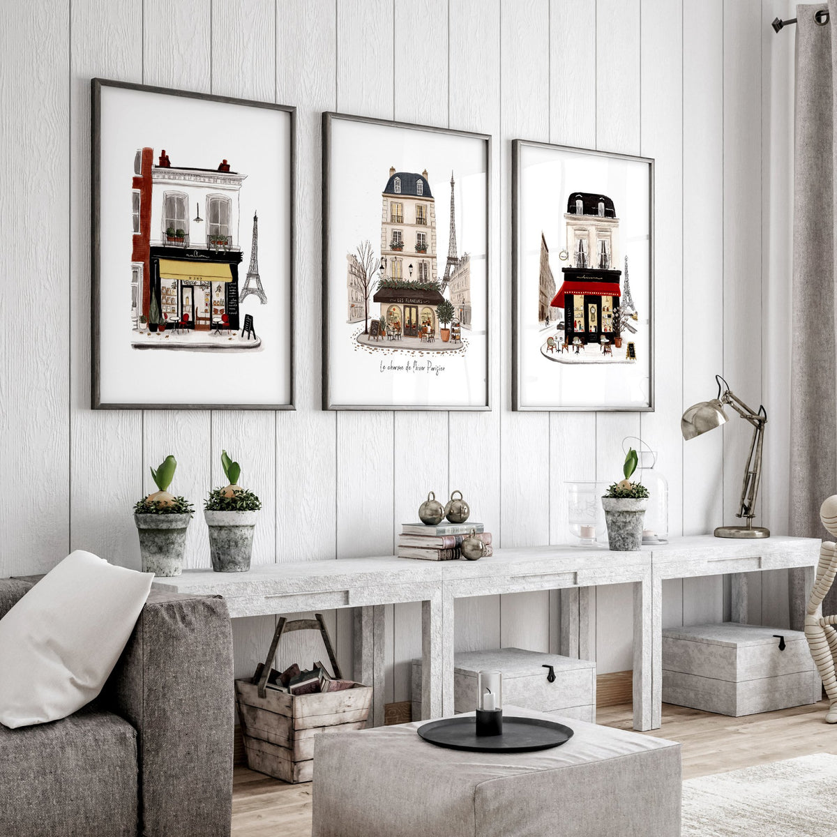 Large Living Room Wall Art Paris Street Café Scenes in Beige, Black & Bordeaux | "Le charme de l'hiver Parisien" displayed on a wall in a styled room — view 8