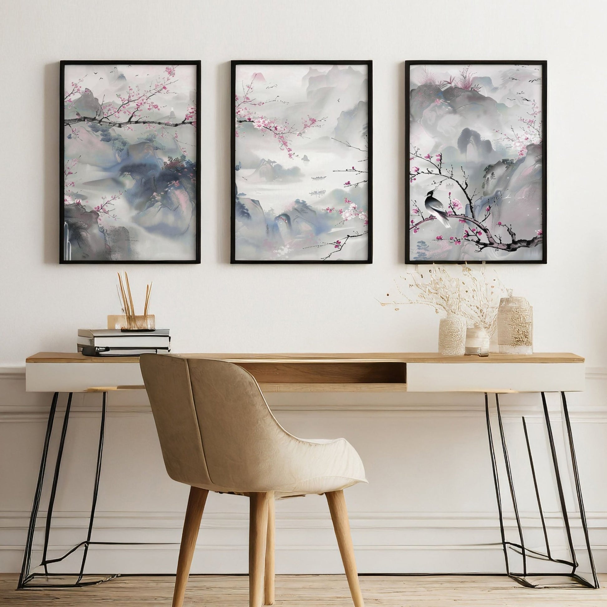 Large Modern Wall Art | Set of 3 Chinoiserie Wall art Prints