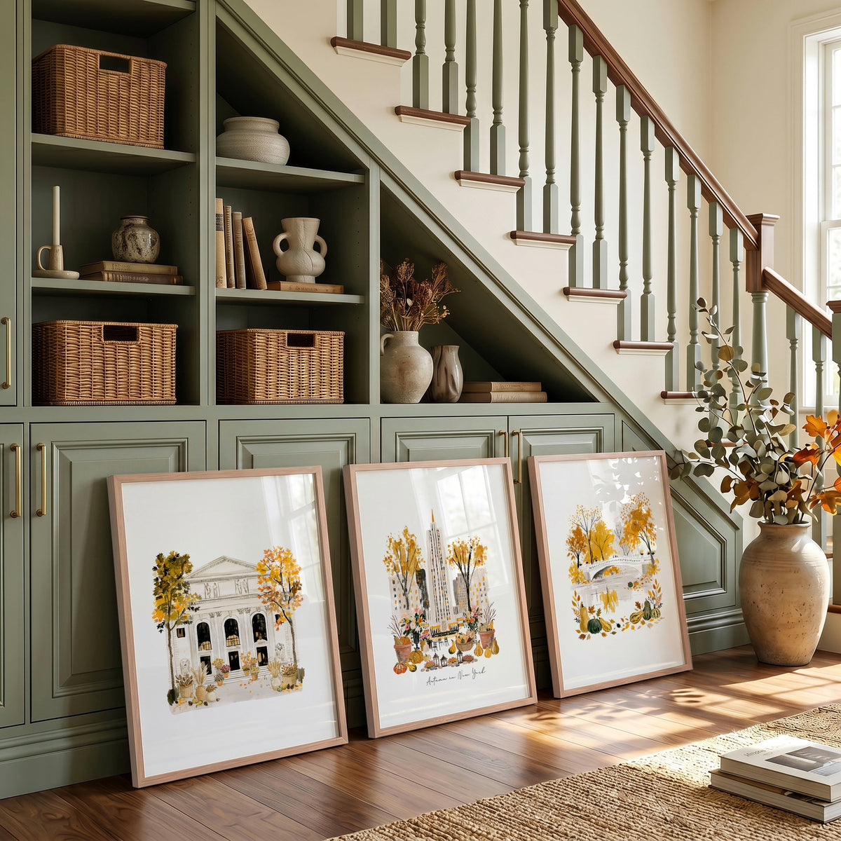 Large New York Wall Art "Autumn in New York" Ochre Watercolour Manhattan Scenes displayed on a wall in a styled room — view 3