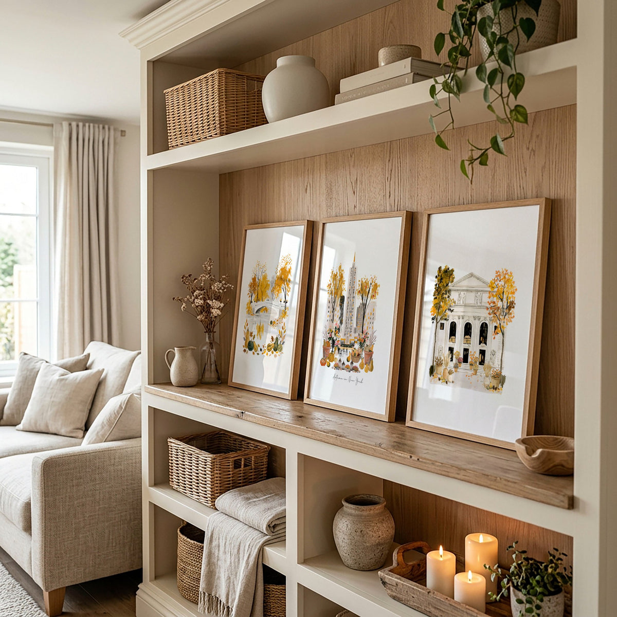Large New York Wall Art "Autumn in New York" Ochre Watercolour Manhattan Scenes displayed on a wall in a styled room — view 4