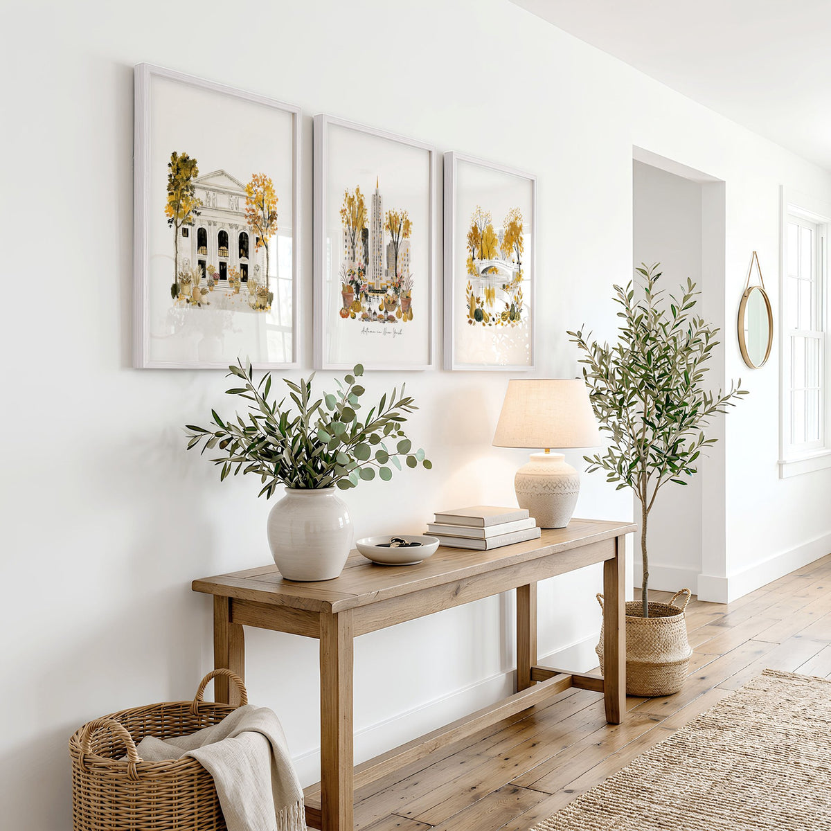 Large New York Wall Art "Autumn in New York" Ochre Watercolour Manhattan Scenes displayed on a wall in a styled room — view 5