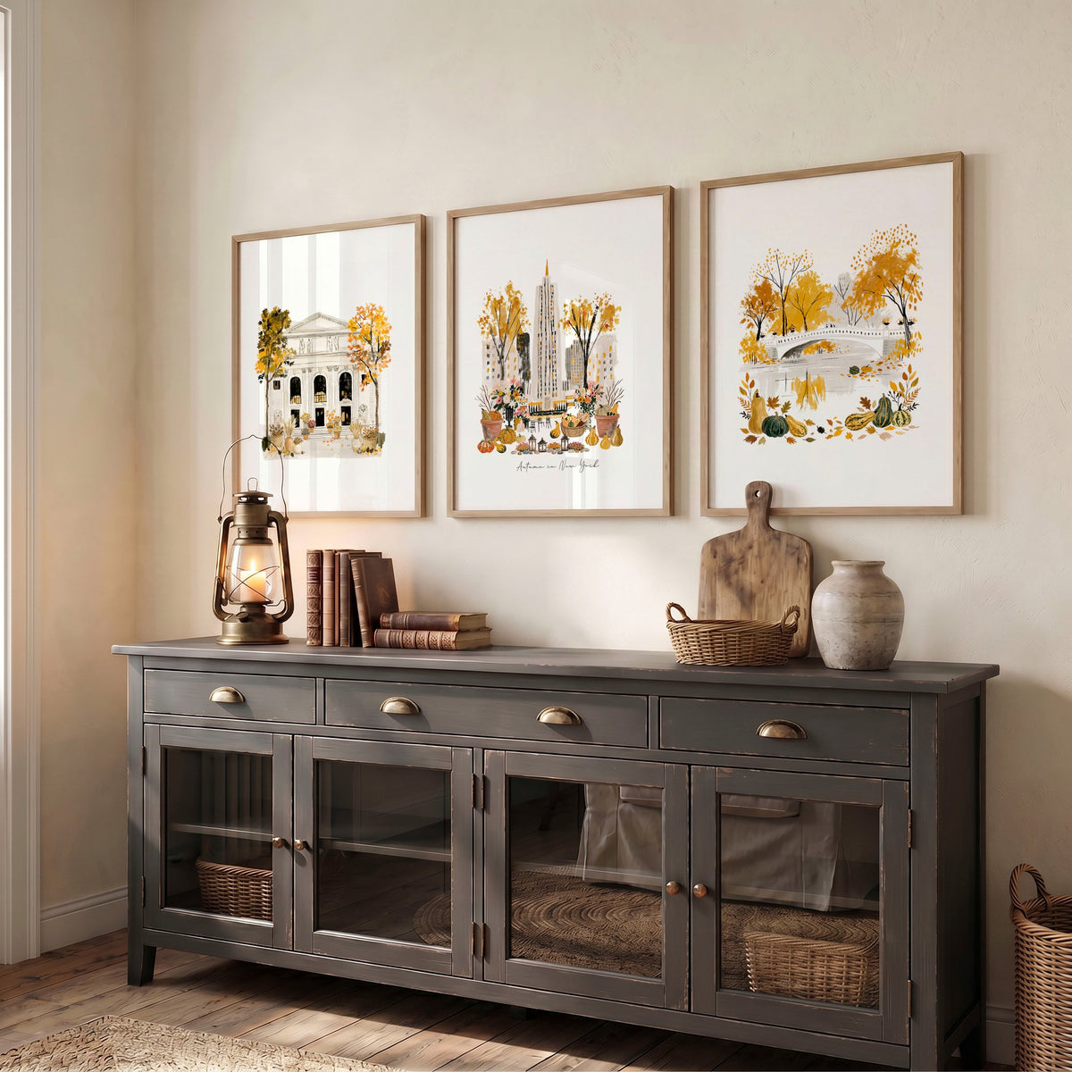 Large New York Wall Art "Autumn in New York" Ochre Watercolour Manhattan Scenes displayed on a wall in a styled room — view 6