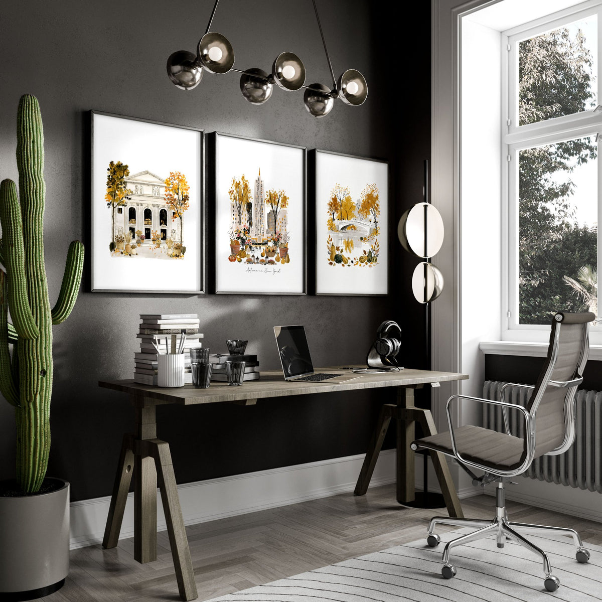 Large Office Wall Art "Autumn in New York" NYC Watercolour Travel wall art displayed on a wall in a styled room