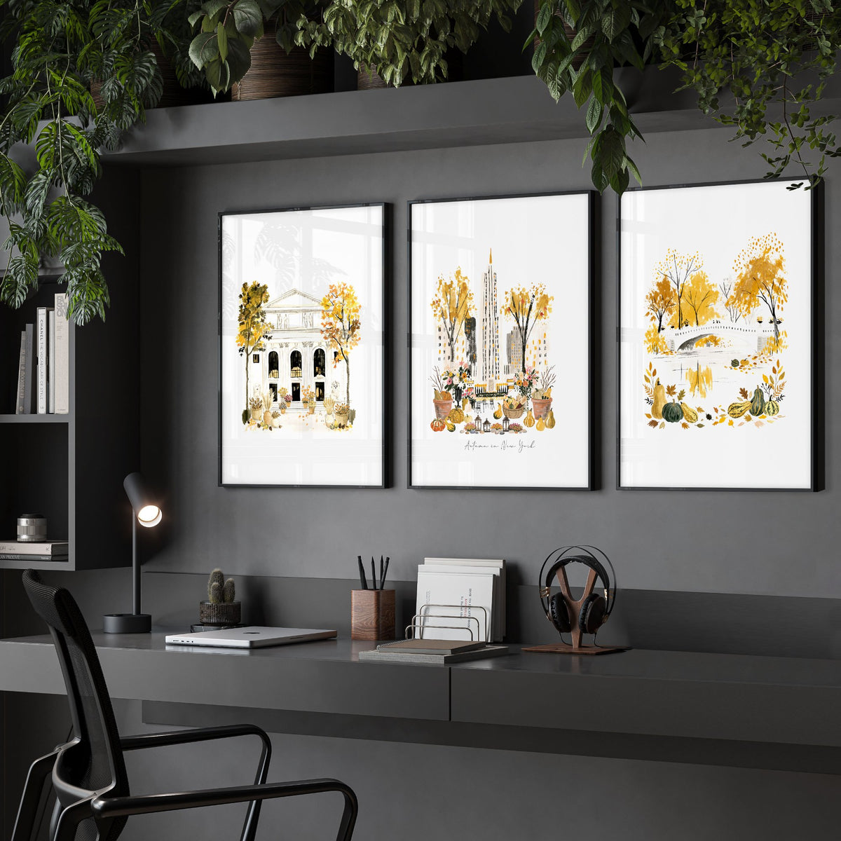 Large Office Wall Art "Autumn in New York" NYC Watercolour Travel wall art displayed on a wall in a styled room — view 2