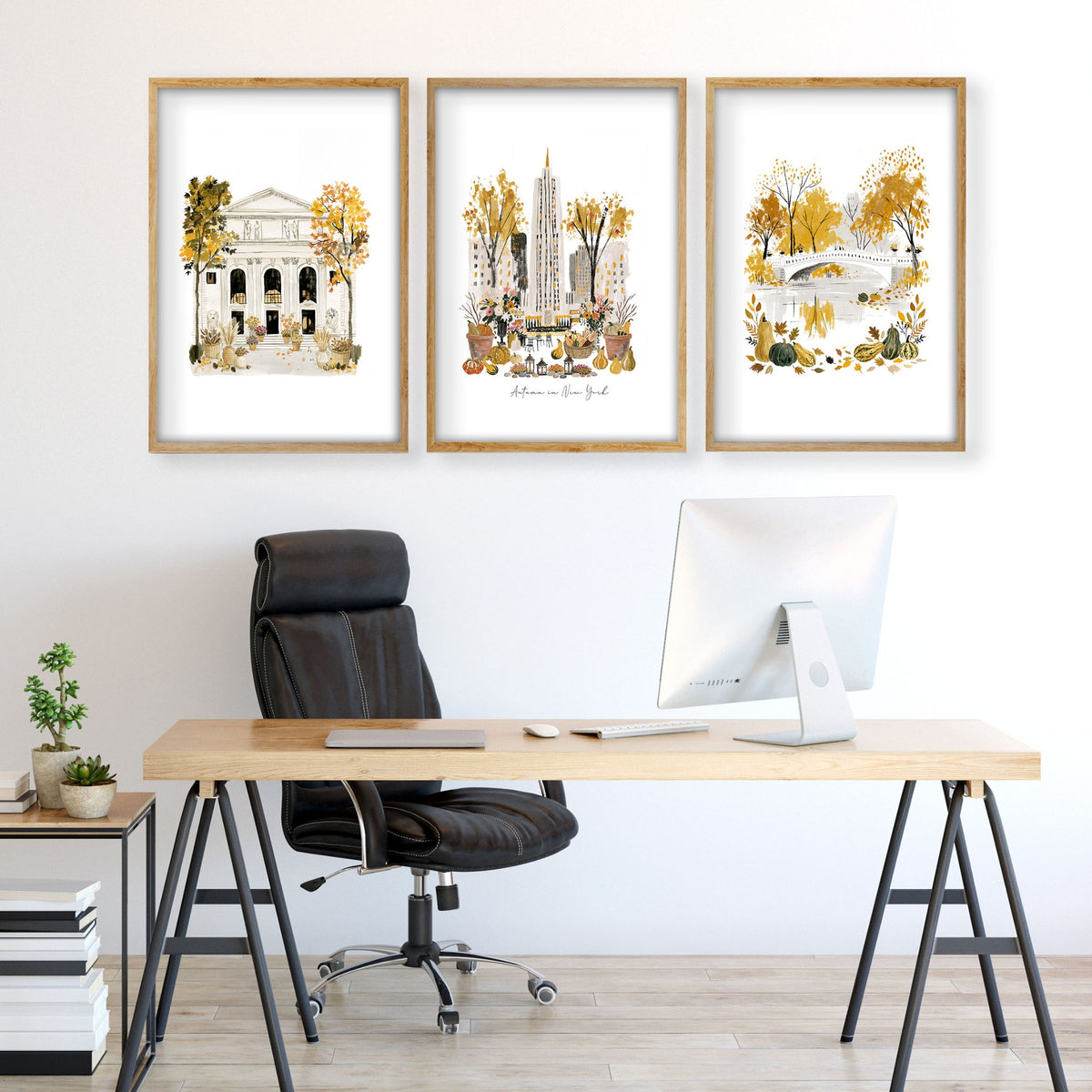 Large Office Wall Art "Autumn in New York" NYC Watercolour Travel wall art displayed on a wall in a styled room — view 3