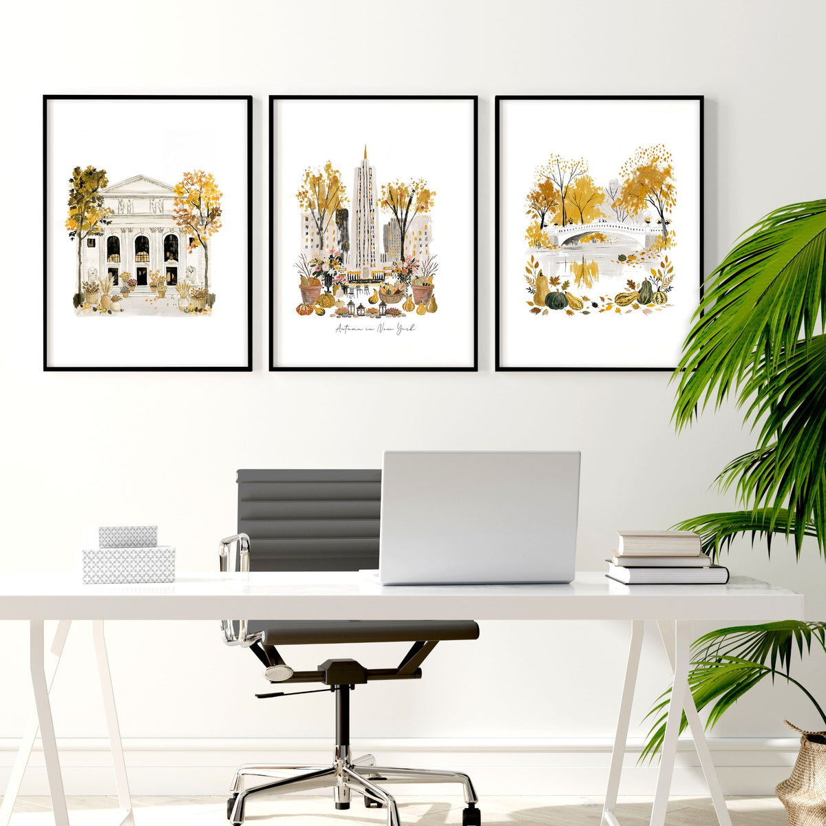 Large Office Wall Art "Autumn in New York" NYC Watercolour Travel wall art displayed on a wall in a styled room — view 4