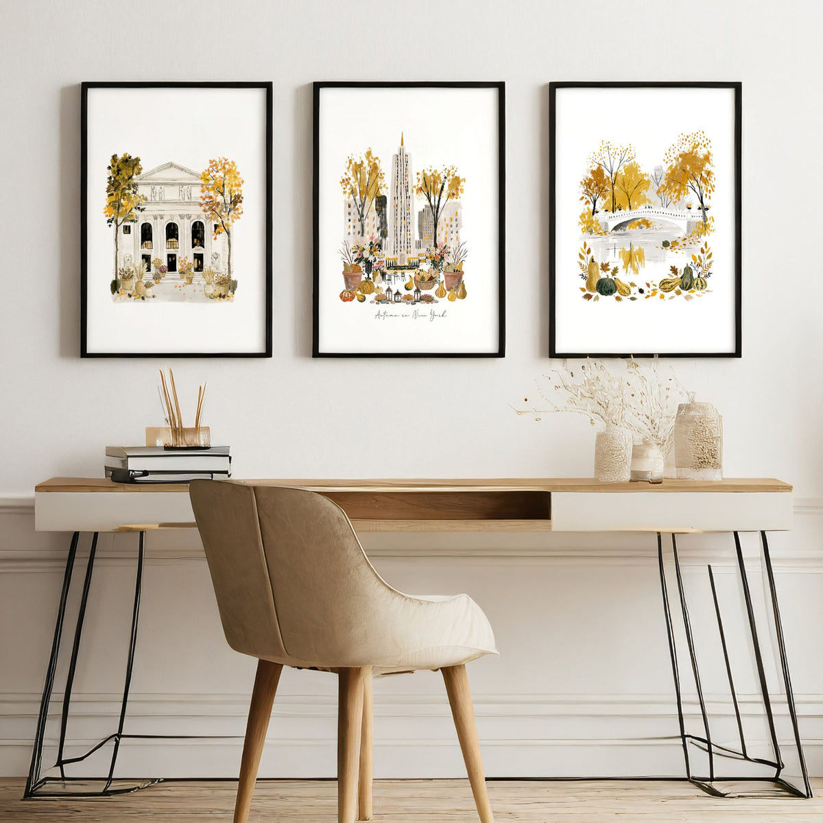 Large Office Wall Art "Autumn in New York" NYC Watercolour Travel wall art displayed on a wall in a styled room — view 6
