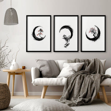 Large Painting for Living Room Japandi Enso Circle Ink wall art displayed on a wall in a styled room