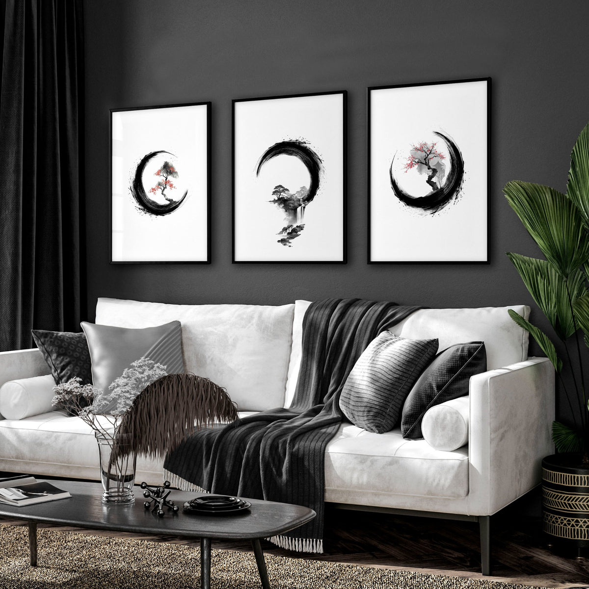 Large Painting for Living Room Japandi Enso Circle Ink wall art displayed on a wall in a styled room — view 10