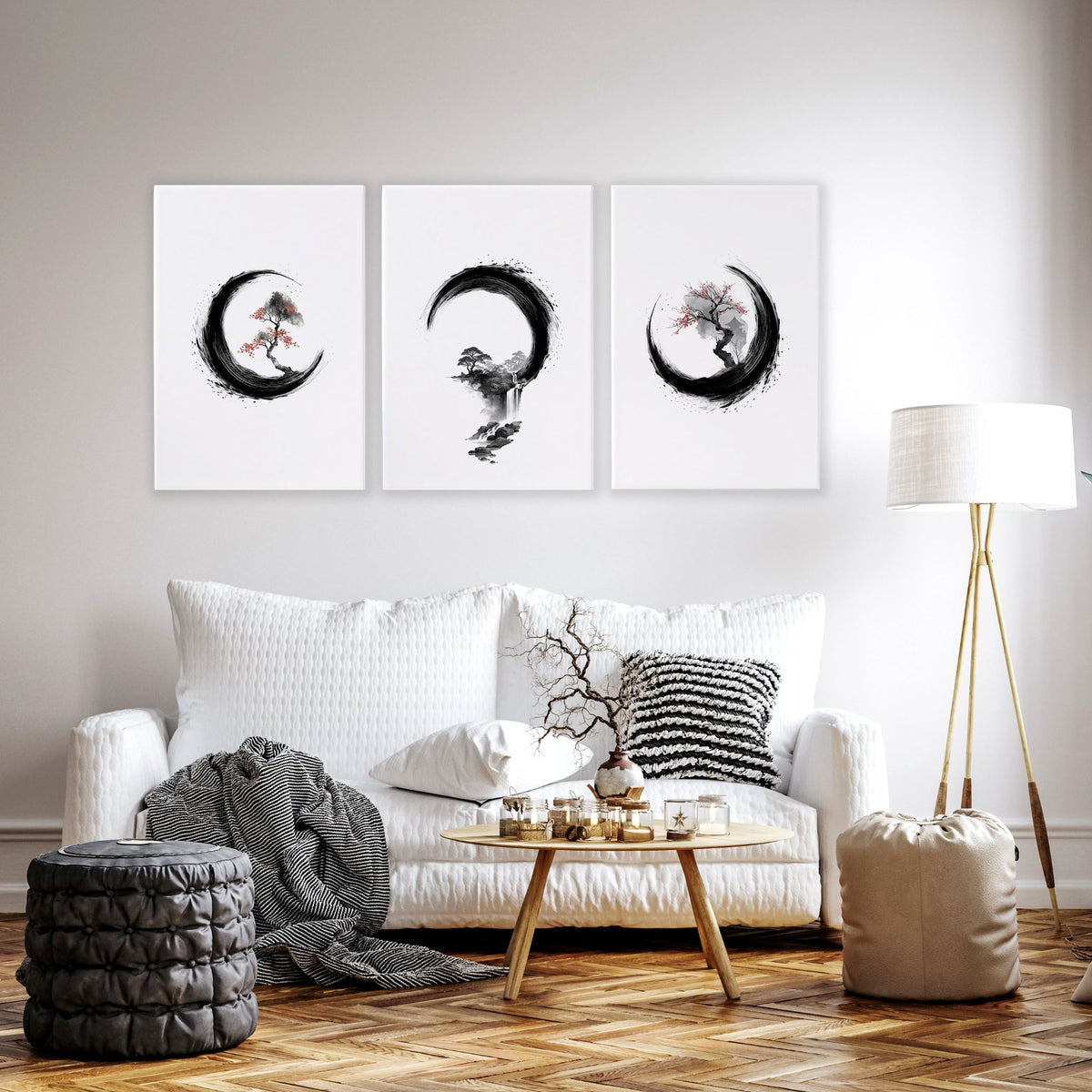 Large Painting for Living Room Japandi Enso Circle Ink wall art displayed on a wall in a styled room — view 11