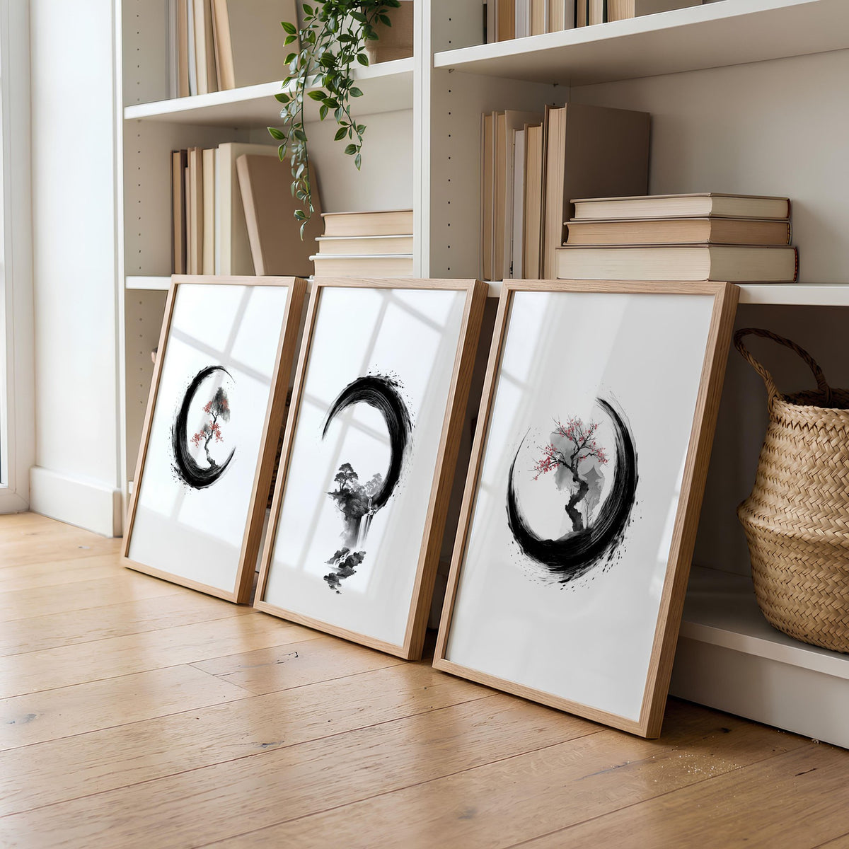 Large Painting for Living Room Japandi Enso Circle Ink wall art displayed on a wall in a styled room — view 2