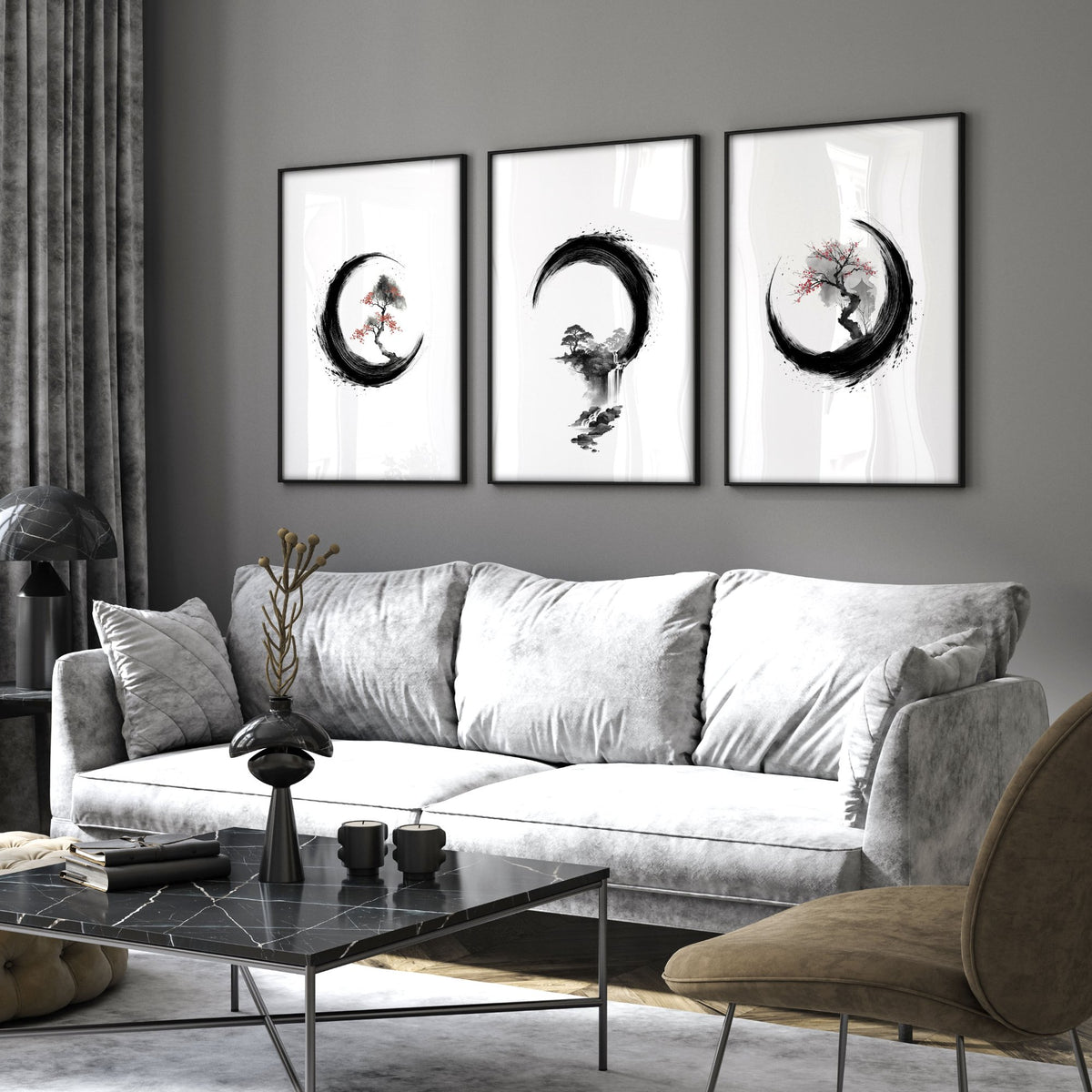 Large Painting for Living Room Japandi Enso Circle Ink wall art displayed on a wall in a styled room — view 4