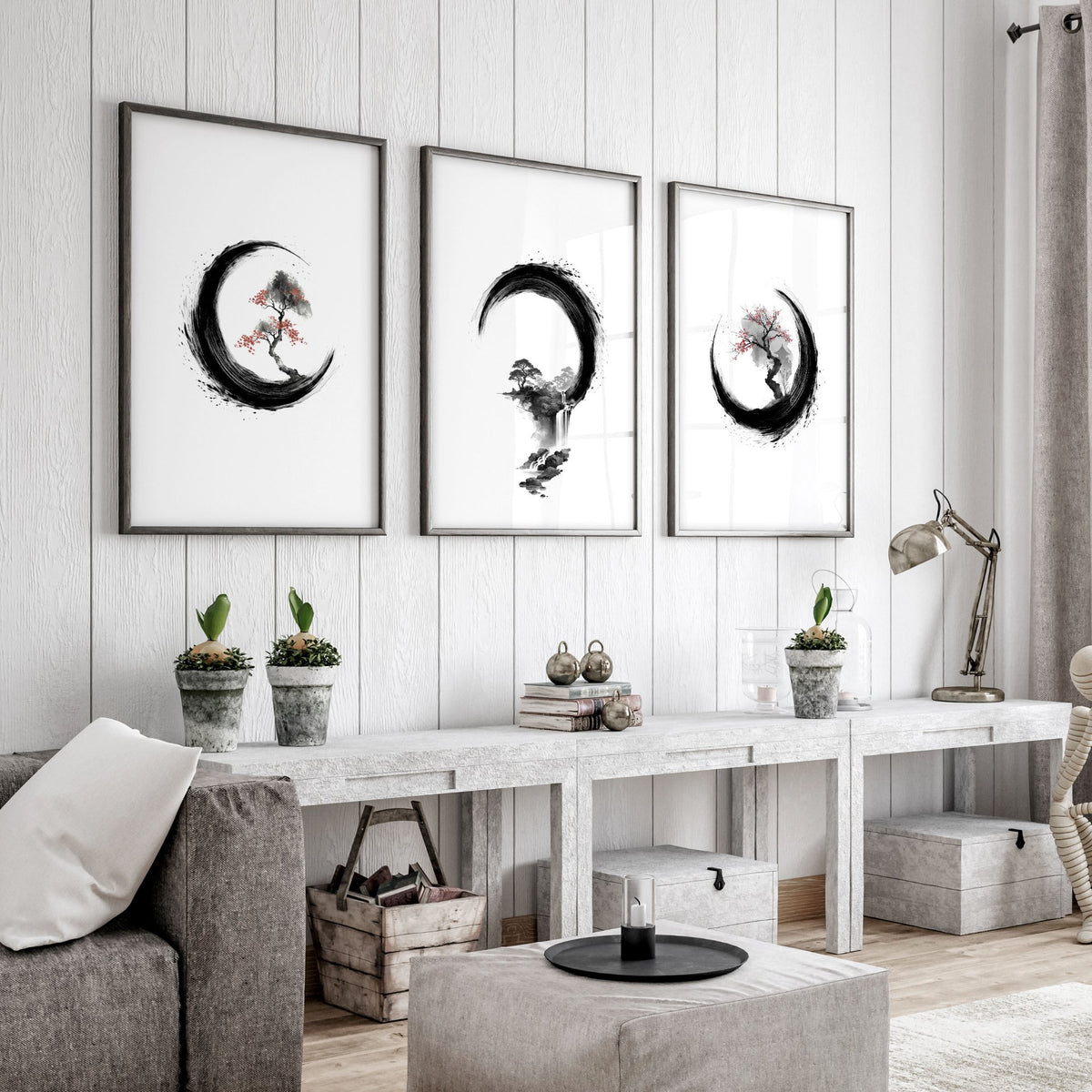 Large Painting for Living Room Japandi Enso Circle Ink wall art displayed on a wall in a styled room — view 5