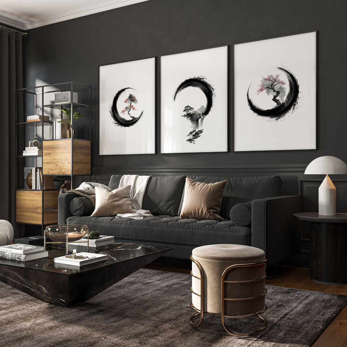 Large Painting for Living Room Japandi Enso Circle Ink wall art displayed on a wall in a styled room — view 7
