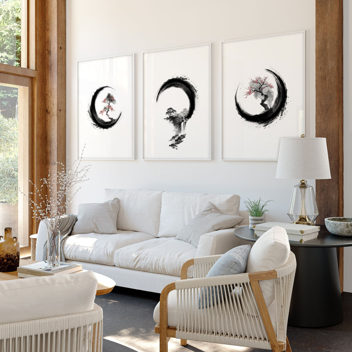 Large Painting for Living Room Japandi Enso Circle Ink wall art displayed on a wall in a styled room — view 8