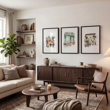 Large Paintings for Living Room Cottage Flower Shop wall art displayed on a wall in a styled room — view 2