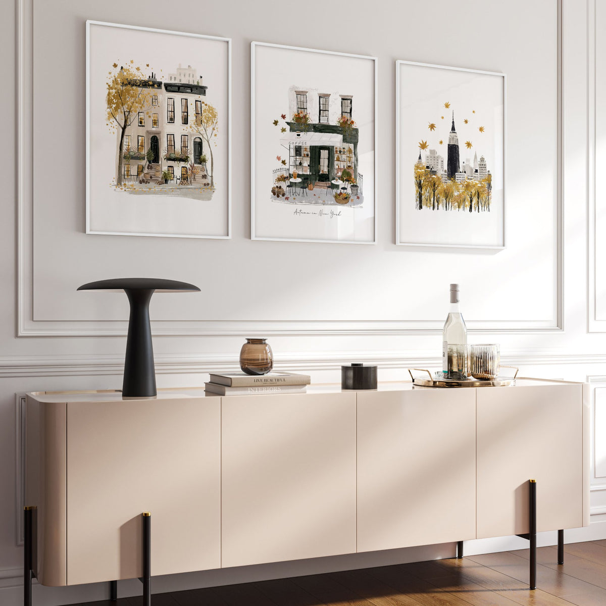 Large Paintings for Living Room Wall "Autumn in New York" NYC Travel wall art displayed on a wall in a styled room — view 11