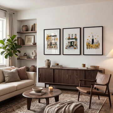 Large Paintings for Living Room Wall "Autumn in New York" NYC Travel wall art displayed on a wall in a styled room