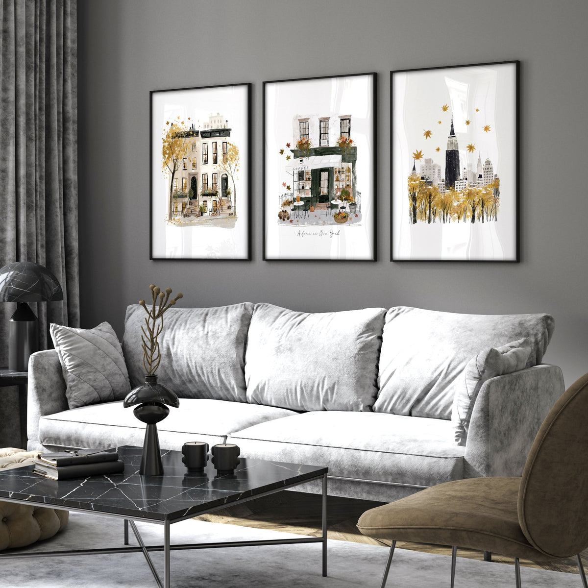 Large Paintings for Living Room Wall "Autumn in New York" NYC Travel wall art displayed on a wall in a styled room — view 2
