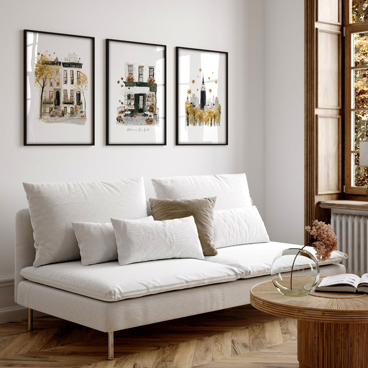 Large Paintings for Living Room Wall "Autumn in New York" NYC Travel wall art displayed on a wall in a styled room — view 4