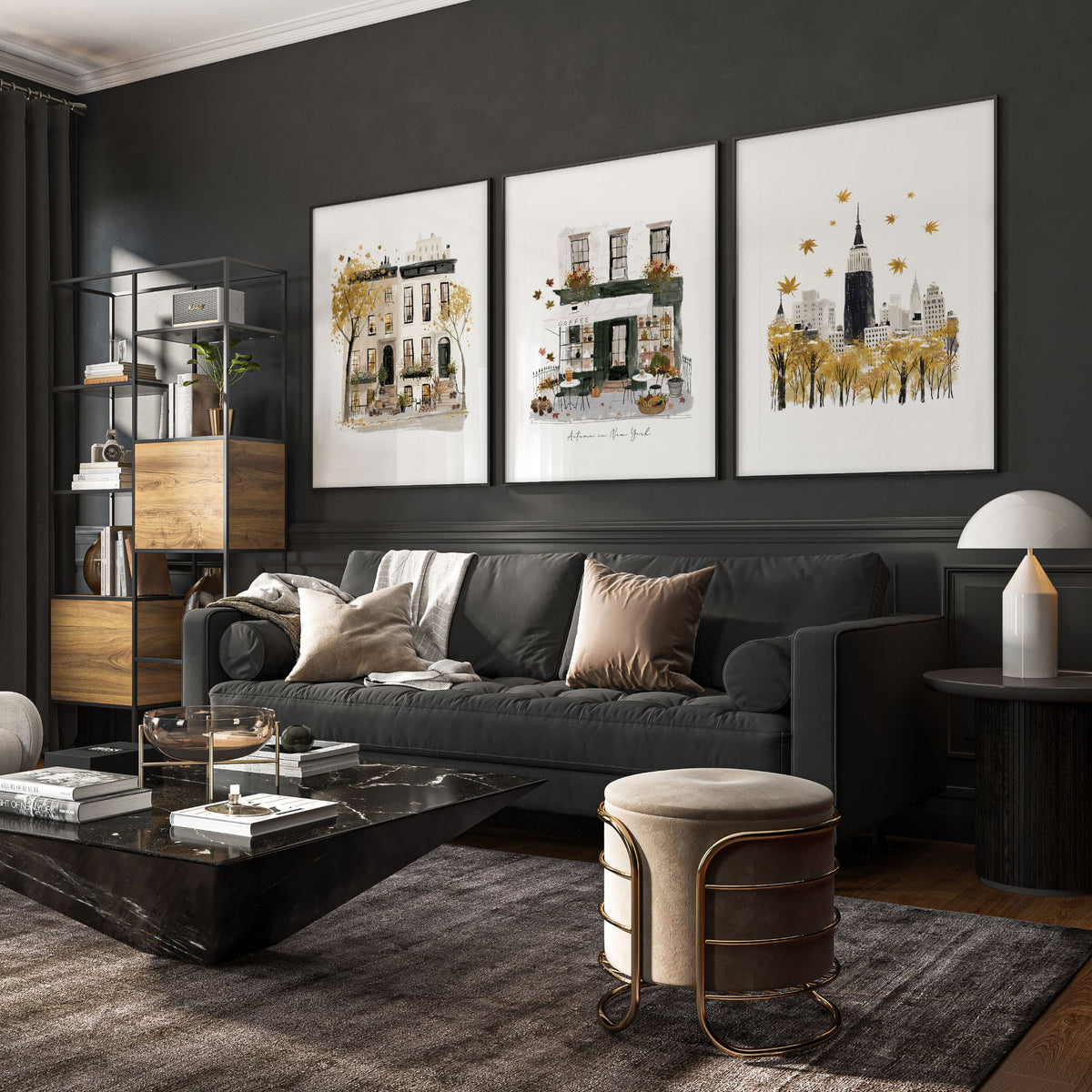 Large Paintings for Living Room Wall "Autumn in New York" NYC Travel wall art displayed on a wall in a styled room — view 5
