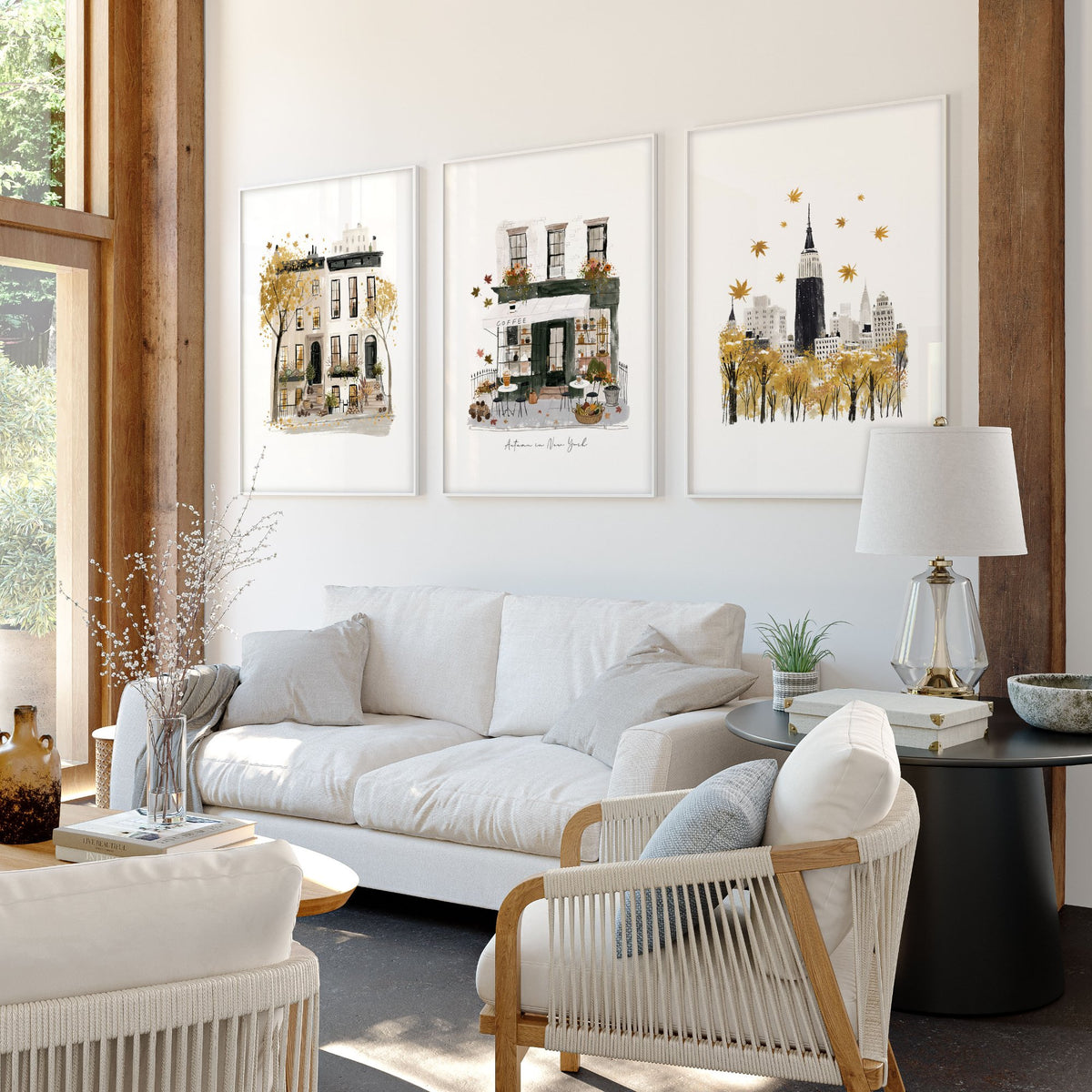 Large Paintings for Living Room Wall "Autumn in New York" NYC Travel wall art displayed on a wall in a styled room — view 6